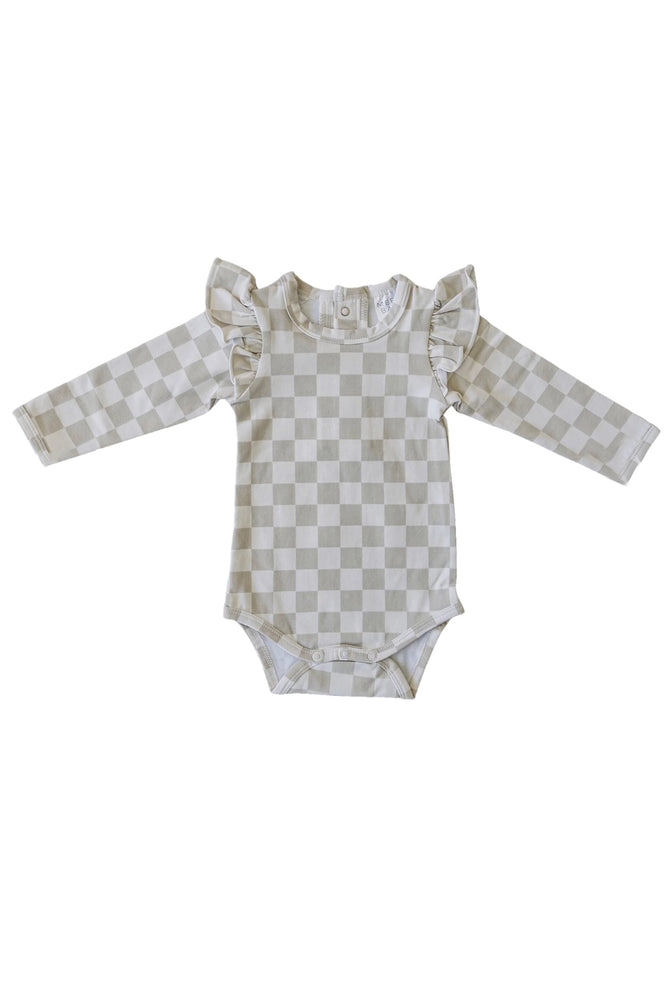 
                
                    Load image into Gallery viewer, Taupe Checkered Ruffle Sleeve Bodysuit
                
            