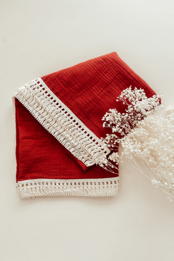 
                
                    Load image into Gallery viewer, Red Tassel Swaddle Blanket
                
            