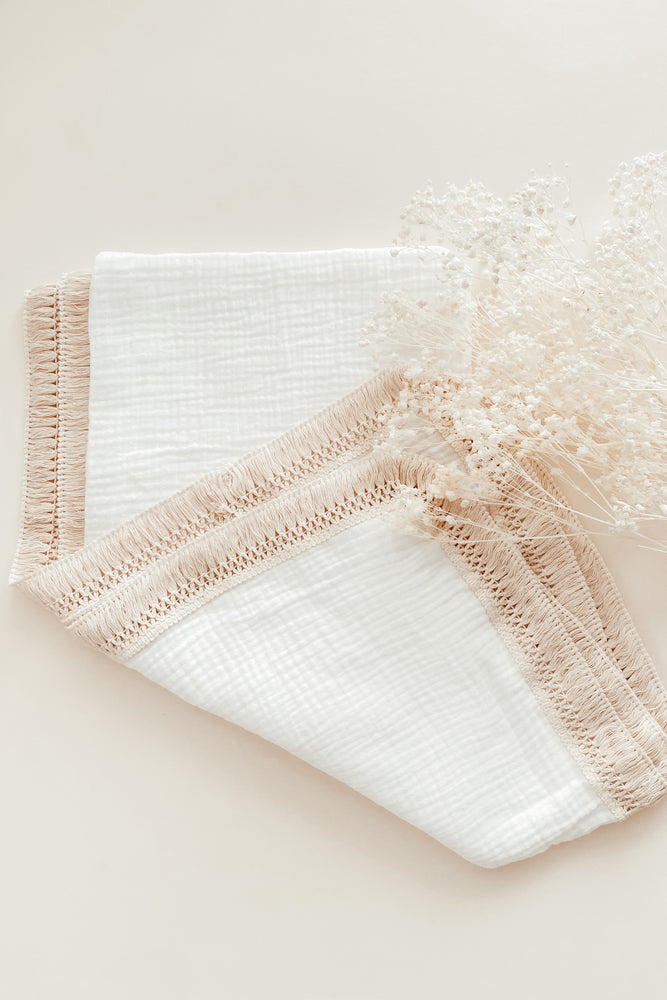
                
                    Load image into Gallery viewer, White Tassel Swaddle Blanket
                
            