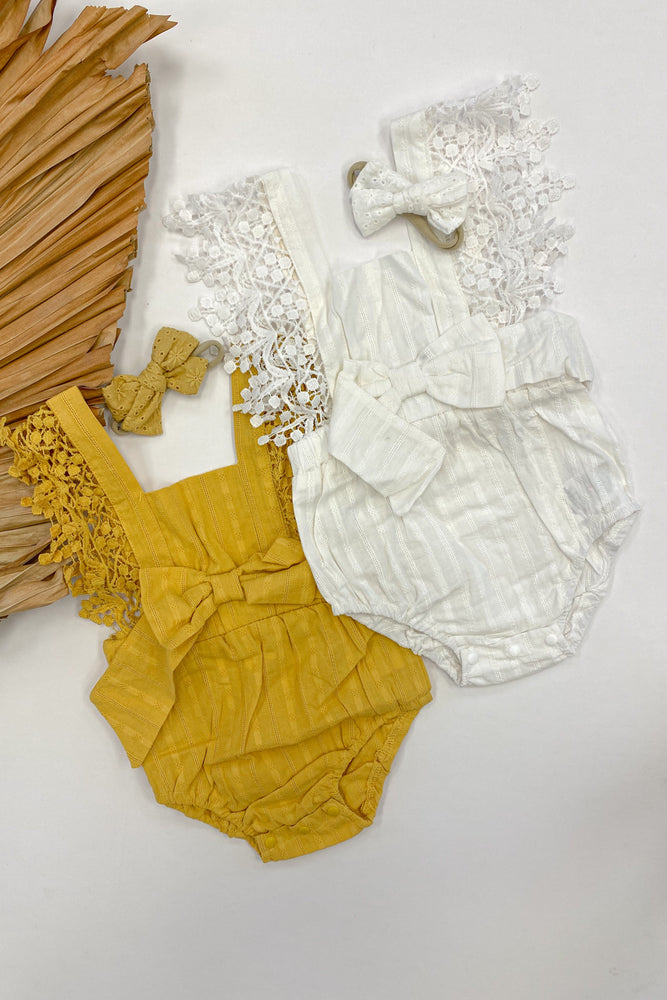 
                
                    Load image into Gallery viewer, Mustard Lace Romper
                
            
